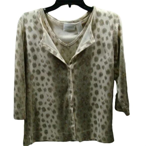 Liz Claiborne Olive Green and Cream Animal Print Twinset 100% Cotton Leopard - Picture 1 of 7